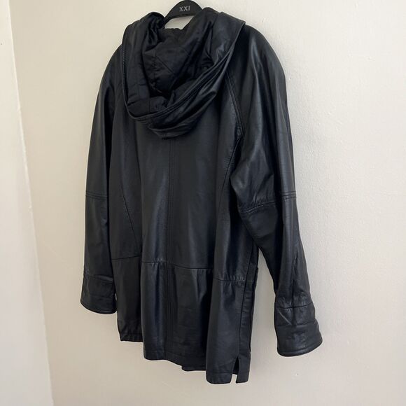CLIMATE ZONE Vintage Hooded Black Leather Long Jacket Minimalist Streetwear- Med - Picture 8 of 9